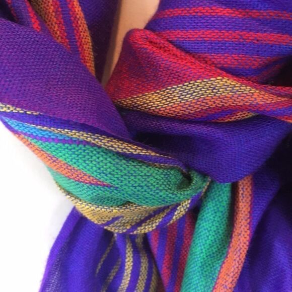Vintage Southwest hand made Shawl Scarf rainbow colors stripes pattern Mint - Picture 4 of 8